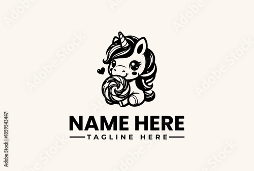 A black and white illustration of a cute unicorn logo with a swirly mane and customizable text on a clean background.