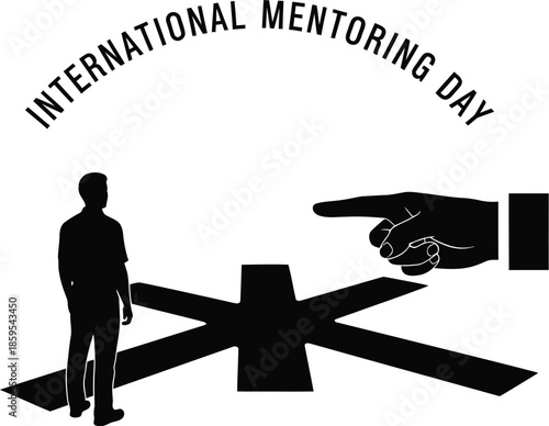 Silhouette of an individual facing a complex crossroads of life choices being guided by a large pointing hand symbolizing international mentoring day encouragement