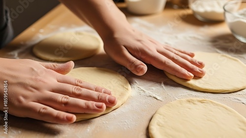 Artisan hands gently flatten homemade dough rounds on floured surface