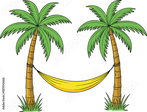 Tropical hammock between palm trees illustration, summer vacation relaxation concept, beach leisure lifestyle, travel freedom idea, calm nature scene, flat vector