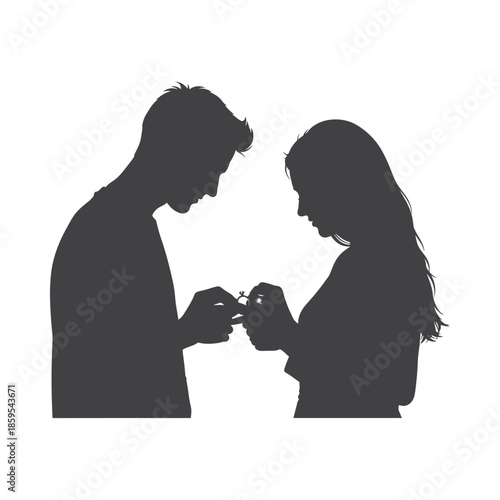 Illustration of silhouette of a man proposing to a woman with a ring in a romantic gesture, valentine love silhouette vector