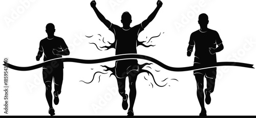 Three runners crossing finish line, race victory silhouette, athletic competition vector, sports achievement illustration, dynamic motion clipart, winning moment concept art