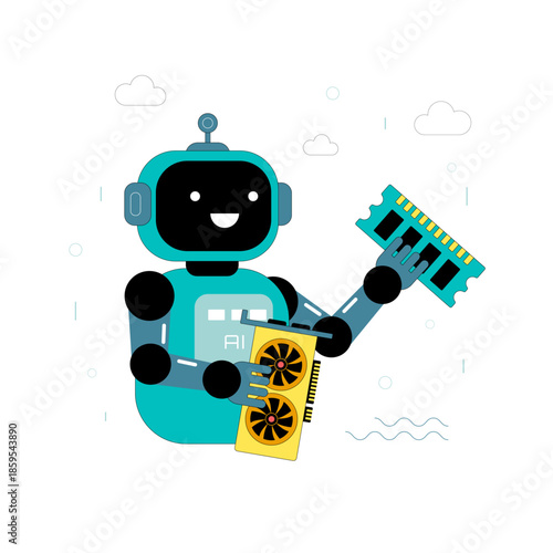 Funny AI robot character holds memory and a video adapter. Concept of a PC component shortage. Vector illustration.