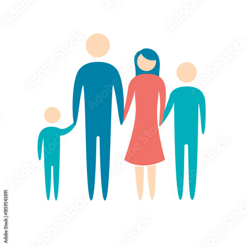 Happy family icon featuring two children, a father and mother, holding hands in simple shapes. Vector illustration.