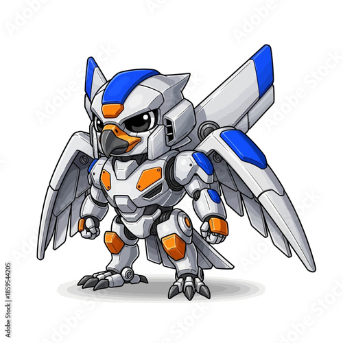 Chibi Robot Bird Warrior with Mechanical Wings and Armor.