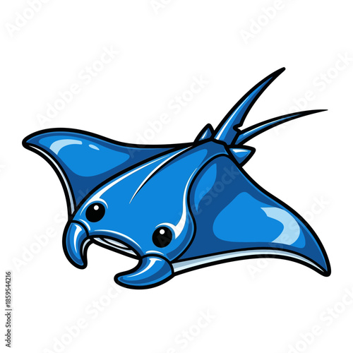 Cute Blue Cartoon Manta Ray Swimming Underwater.
