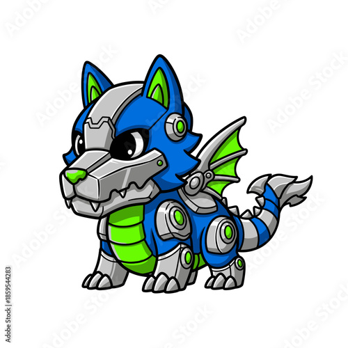Cute Blue Robot Dog with Green Accents and Wings.
