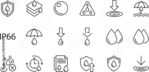 Waterproof icon set, water resistance symbols, droplet rain protection, moisture safety, industrial weatherproof outline vector design collection minimal icons