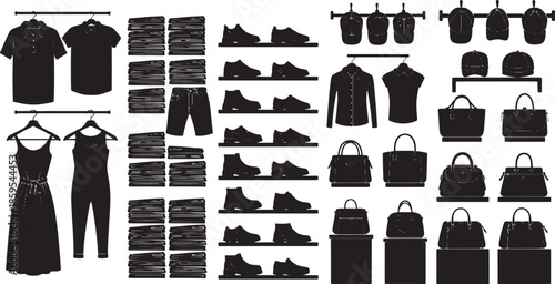 A chic collection of stylish silhouettes of clothing, shoes, and accessories arranged in an organized display. Capturing the simplicity and modern design for fashion-related purpose.
