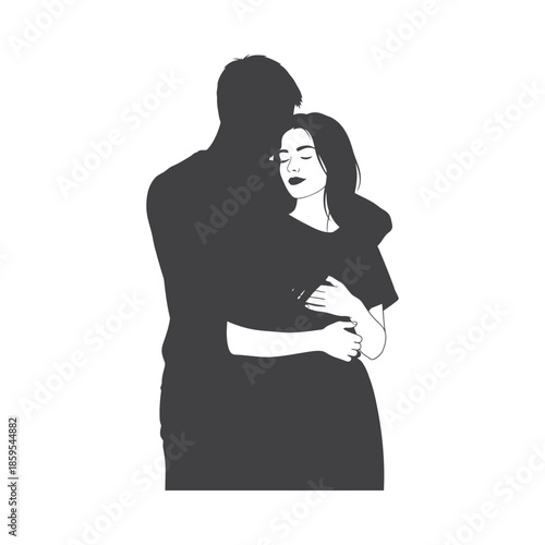 Illustration of silhouette of a man embracing a woman from behind in a tender moment, valentine love silhouette vector