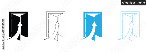 Collection of four vector icons showing door with arrows in different colors and line styles for various design applications