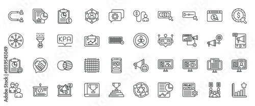 Collection of Diverse Digital Marketing and Business Icons in Outline Style.