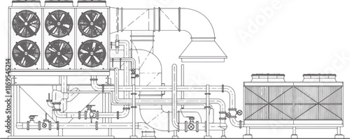 An intricate blueprint showcases the inner workings of industrial air conditioning, offering a detailed perspective of the complex ventilation system.