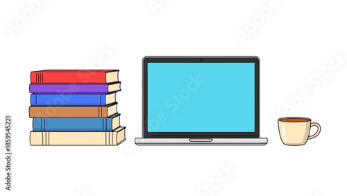 A colorful stack of books, a modern laptop, and a comforting coffee mug for studying or working