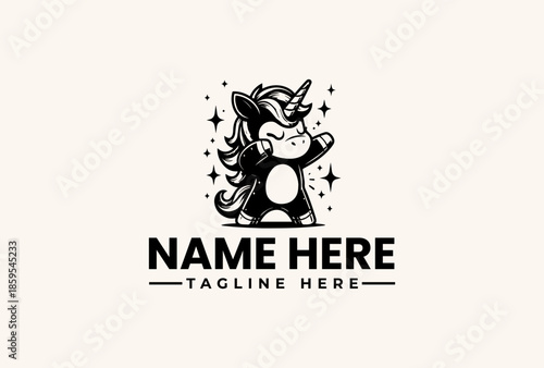 Black and white illustration of a cute unicorn with a starry background and placeholder text for a logo or brand name in a simple design.