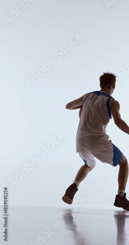 Basketball player dribbling ball while moving backward in control. Concept of defensive retreat drills, space management, reactive motion, and tactical footwork training.