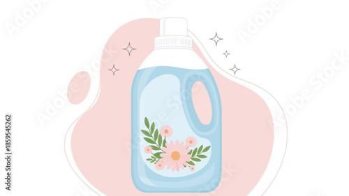 Gentle floral laundry detergent or fabric softener in a charming blue bottle illustration