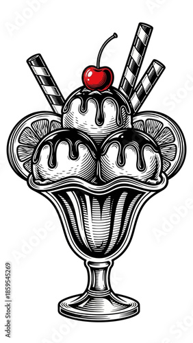 A delightful vintage-style ice cream sundae, beautifully illustrated with a vibrant cherry on top