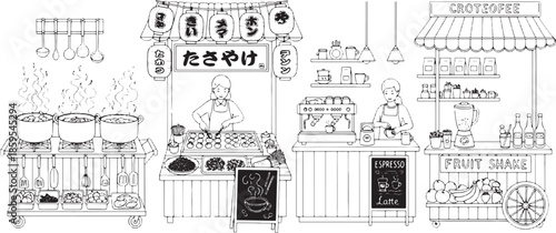 Captured in an artistic illustration, the street food stalls exude a vintage charm, with detailed line art showcasing culinary delights. Offering a delightful glimpse into the world of flavors.