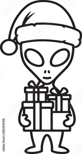 Alien wearing santa hat and holding christmas gift box silhouette icon vector extraterrestrial grabbing holiday presents wearing santa claus cap logo symbol sign illustration