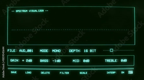 Retro futuristic audio spectrum visualizer interface with CRT glow