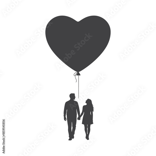 Illustration of silhouette of a couple holding hands under a heart shaped balloon, valentine love silhouette vector