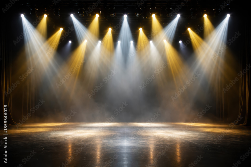 Fototapeta premium Stage spotlight smoke curtain empty wooden floor dramatic warm and cool beams illuminate polished surface creating atmospheric theatrical scene ready for performance
