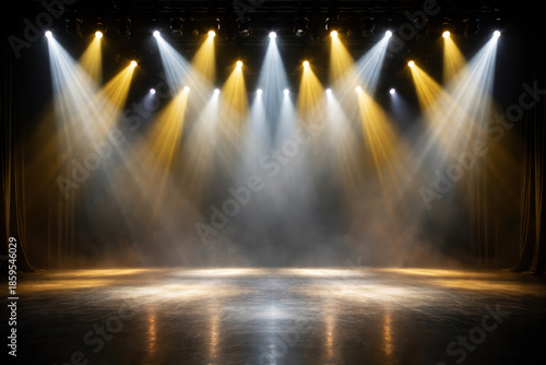 Stage spotlight smoke curtain empty wooden floor dramatic warm and cool beams illuminate polished surface creating atmospheric theatrical scene ready for performance