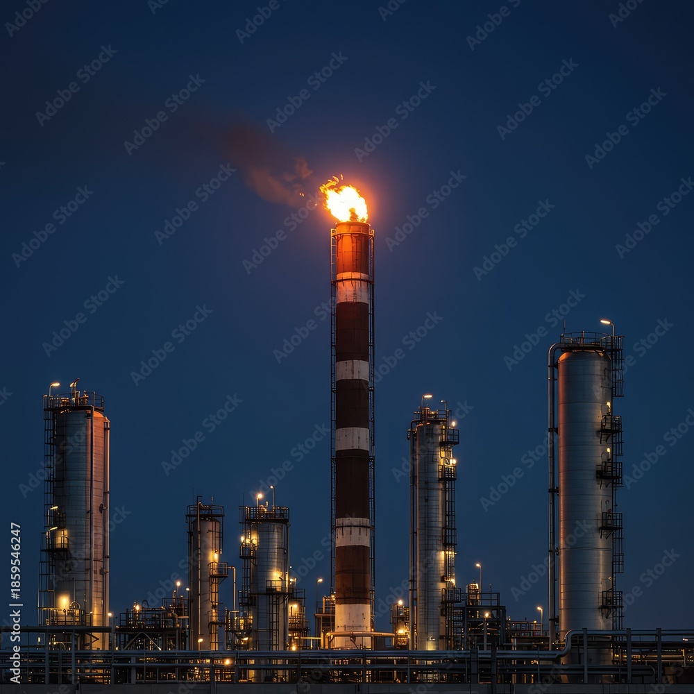 Fototapeta premium A large industrial flare stack burning off excess natural gas waste products in a heavy manufacturing refinery landscape ,resources ,processing ,factory