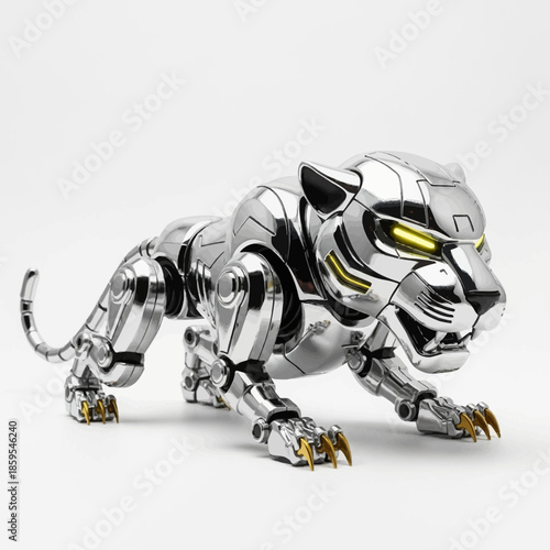 Futuristic Robotic Panther Sculpture with Gleaming Chrome Finish.