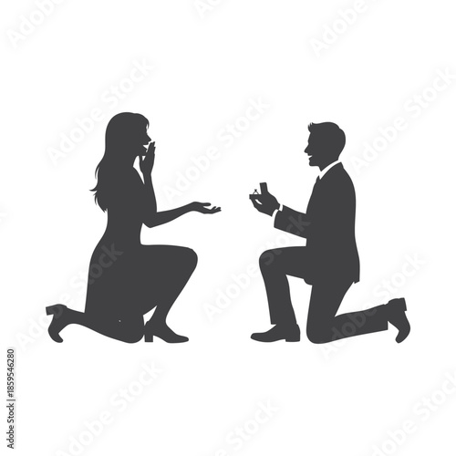 Illustration of man proposing to woman on one knee in silhouette, valentine love silhouette vector