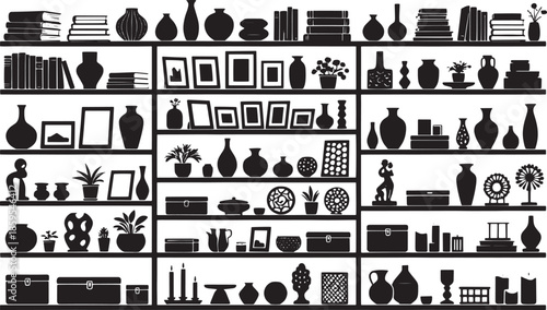 An elegantly arranged shelves silhouette is filled with an assortment of decorative objects, featuring books, vases, picture frames, and various ornaments.