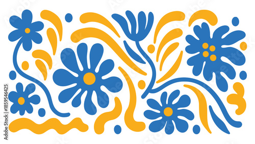Vibrant blue and yellow floral pattern with stylized flowers and swirling lines