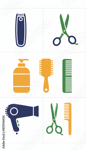 Hair care tools vector icons set on white background