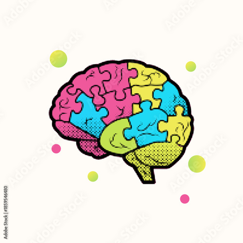 Halftone pop art dot style human brain made of colorful puzzle pieces concept vector illustration