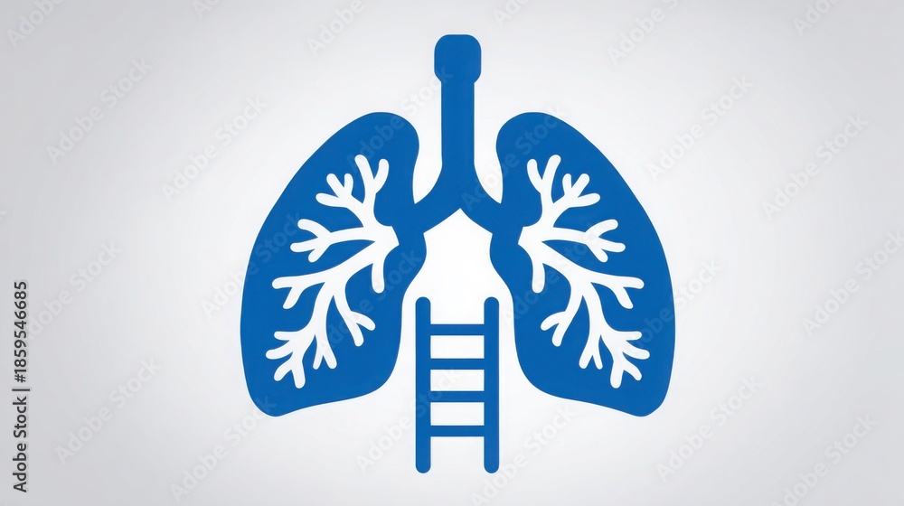 Obraz premium Illustration of human lungs with bronchial tree and alveoli structure in a simplified blue graphic style, representing respiratory system health and anatomy