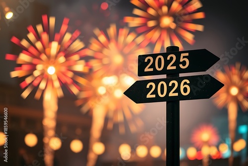 New Year direction sign showing 2025 and 2026 with festive fireworks background, future planning, transition concept, celebration and new beginnings
