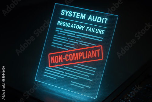 System audit non-compliant regulatory failure compliance warning A glowing holographic audit report stamped NON-COMPLIANT conveys urgency and concern urging corrective action and