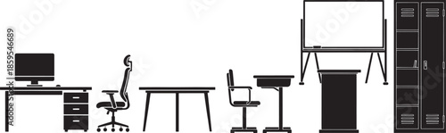 A concise monochrome illustration of office elements arranged in a row, featuring desk, chair, computer, cabinet and other essential objects.