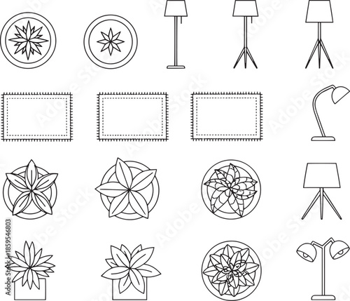 An array of interior design elements, including minimalist lamps, intricate rugs and decorative houseplants arranged with a graphic artistic style.