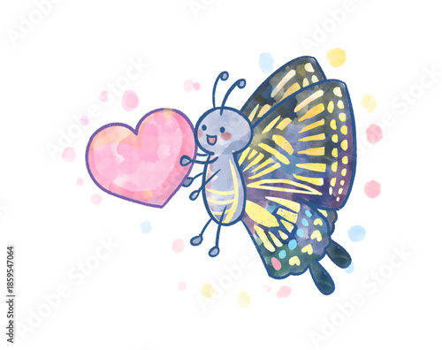 Watercolor butterfly illustration holding heart cute pastel hand painted style