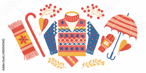 Festive winter clothing and accessories arranged in a colorful illustrated composition
