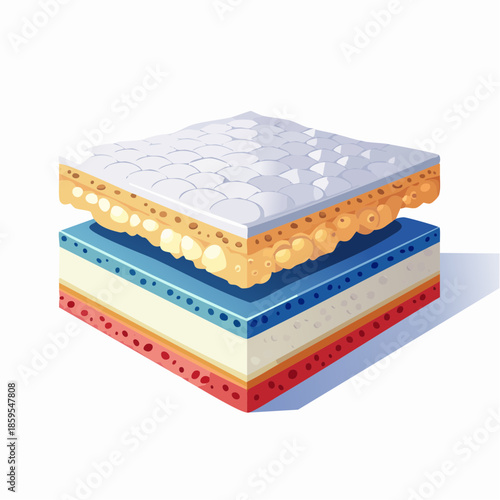 Layered Mattress Cutaway Showing Comfort Foam Support Base and Breathable Top Fabric in White and Blue Tones with Subtle Shadows