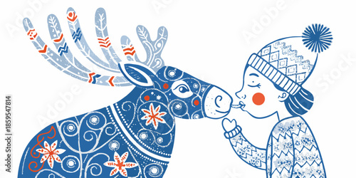 A tender moment child gently kisses a decorated reindeer s nose