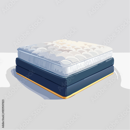 Plush Mattress with Two Layers Featuring a White Puffy Top and a Dark Blue Base with a Yellow Trim Against a Neutral Gray Background and Soft Shadows