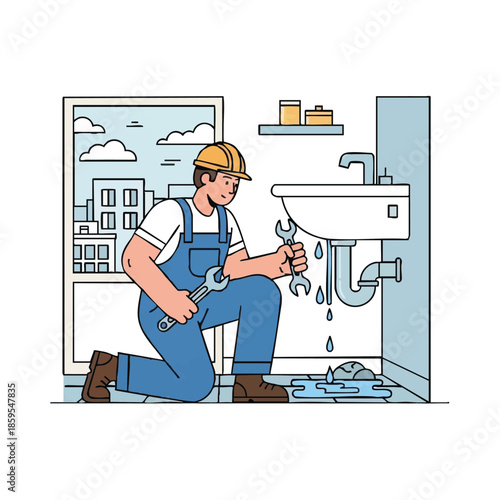 Plumber repairing sink with wrench.