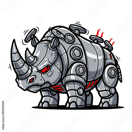Mechanical Rhinoceros Robot with Glowing Red Eyes and Steam Vents.