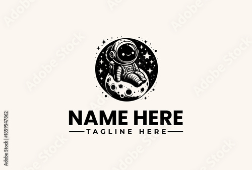 Black and white illustration of an astronaut sitting on the moon with stars, surrounded by a circular logo and placeholder text on a clean background.