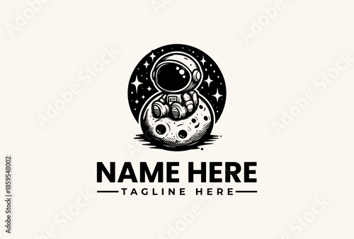 Black and white illustration of an astronaut in a circle with stars, accompanied by placeholder text for a logo or brand name.