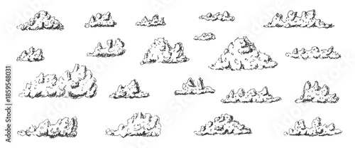 Clouds doodle set. Vintage ink illustrations of fluffy weather elements. Retro vector art with freehand outlines, perfect for nature designs and artistic projects. Handmade cloud on air.